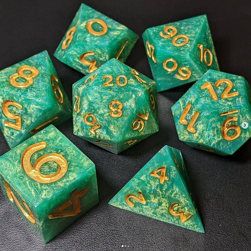 Jade Gilt -  Set of 7 polyhedral sharp edge dice